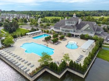 An aerial view of the resort style pool and spa